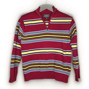 Lauren Ralph Lauren Red Primary Striped Quarter Zip Cotton Sweater Women PS